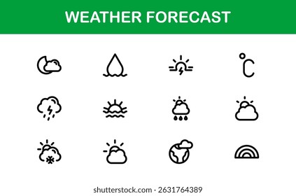 Wettervorhersage-Symbole. Saubere Vektordesigns für Klima- und Temperatur-Apps