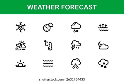 Ícones de Previsão do Tempo. Limpar designs de vetor para aplicações de clima e temperatura