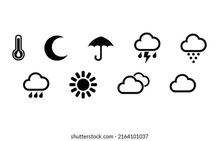 Iconos de previsión meteorológica. Iconos nublados, lluvias, soleados, tormentas torrenciales, tornado, huracán, luna.