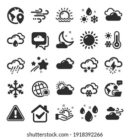 Weather And Forecast Icons. Cloudy Sky, Winter Snowflake, Thermometer. Moon Night, Rain And Sunset Icons. Weather Temperature, Meteorology Forecast And Wind, Thunder Bolt. Flat Icon Set. Vector