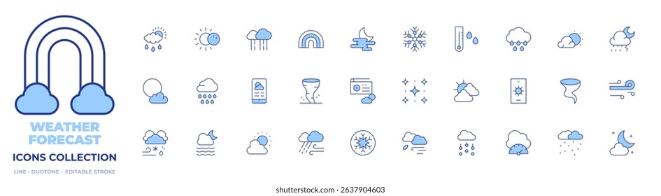 Weather forecast icons collection. Line Duotone style, editable stroke. rain, rain cloud, snowflake, hail, weather forecast, thunderstorm, eclipse, weather, rainbow