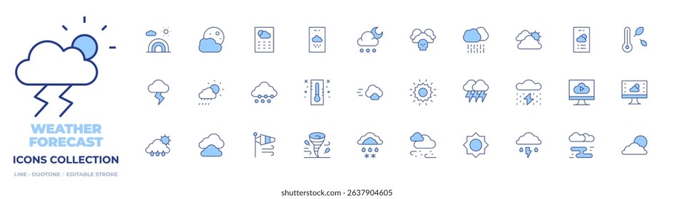Weather forecast icons collection. Line Duotone style, editable stroke. storm, clouds, weather, weather forecast, rain, extreme weather, forecast, rainy day, moon