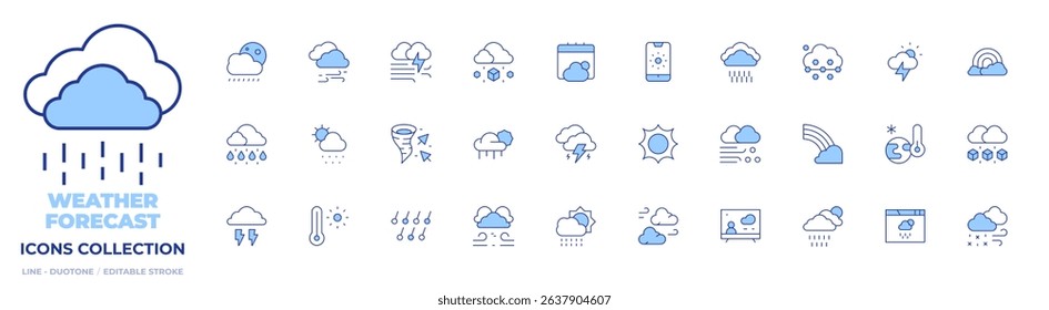 Weather forecast icons collection. Line Duotone style, editable stroke. rainy night, thermometer, hail, wind, weather, cloudy, rain, rainbow, cold, windstorm, climate