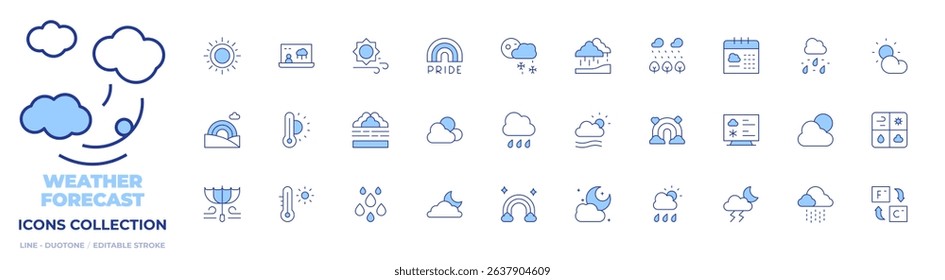 Weather forecast icons collection. Line Duotone style, editable stroke. rainbow, thermometer, rain, weather, snow, fog, thunderstorm, sleet, cloudy, sun