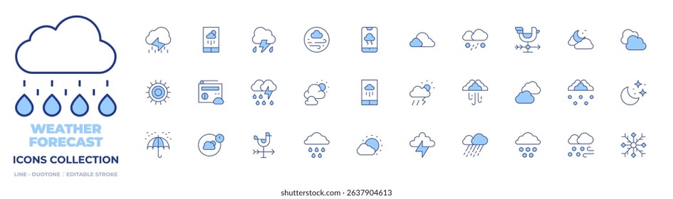 Weather forecast icons collection. Line Duotone style, editable stroke. rain, sun, umbrella, forecast, thunderstorm, cloudy day, clouds, hail, snow, cloudy, storm, rainy