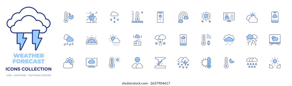 Weather forecast icons collection. Line Duotone style, editable stroke. hailstorm, rainbow, meteorology, killer fog, waterspout, snow, cloudy, weather forecast