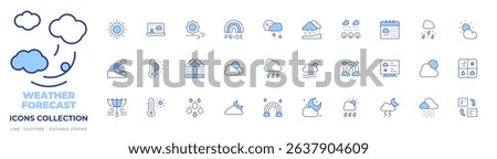 Weather forecast icons collection. Line Duotone style, editable stroke. rainbow, thermometer, rain, weather, snow, fog, thunderstorm, sleet, cloudy, sun