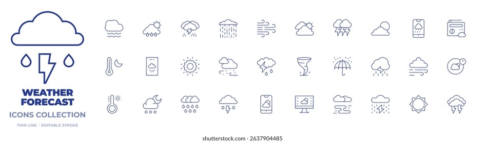 Weather forecast icons collection. Thin Line icons, editable stroke. temperature, fog, thermometer, thunder, sun, umbrella, heavy rain, lightning, snowfall, storm, rainy.