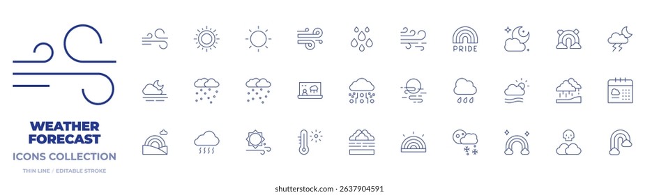 Weather forecast icons collection. Thin Line icons, editable stroke. rainbow, foggy, monsoon, fog, rain, wind, storm, killer fog, sun, smog, thunderstorm