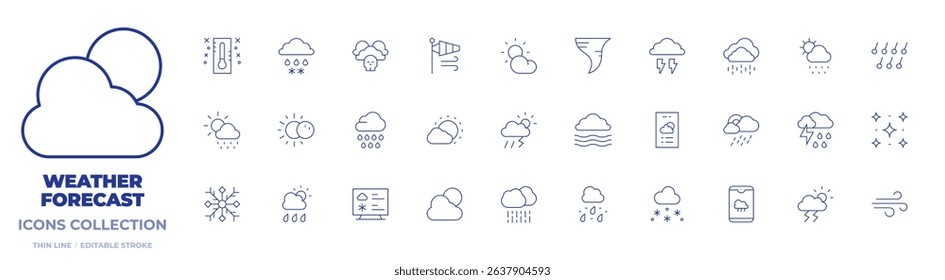 Weather forecast icons collection. Thin Line icons, editable stroke. rainy, sleet, hail, thermometer, rain, thunderstorm, day, meteorology, thunder, mist, wind, snowflake.