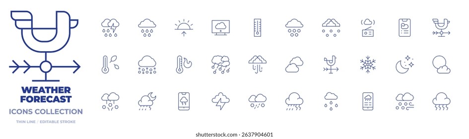 Weather forecast icons collection. Thin Line icons, editable stroke. hail, snow, thermometer, storm, blizzard, night, clouds, full moon, rain, bolt, rainy, weathercock
