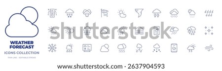 Weather forecast icons collection. Thin Line icons, editable stroke. rainy, sleet, hail, thermometer, rain, thunderstorm, day, meteorology, thunder, mist, wind, snowflake.