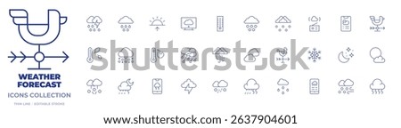 Weather forecast icons collection. Thin Line icons, editable stroke. hail, snow, thermometer, storm, blizzard, night, clouds, full moon, rain, bolt, rainy, weathercock
