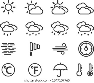 Weather Forecast icons day set line or outline style simple flat symbols isolated on white background.