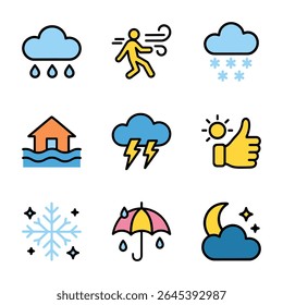 Weather forecast icons displaying various conditions. Icon symbol illustration
