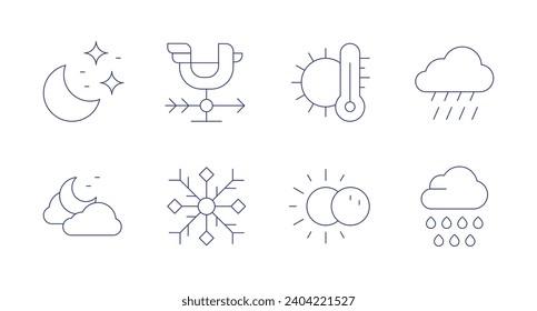 Weather forecast icons. Editable stroke. Containing night, weathercock, snowflake, temperature, eclipse, rainy, rain cloud.