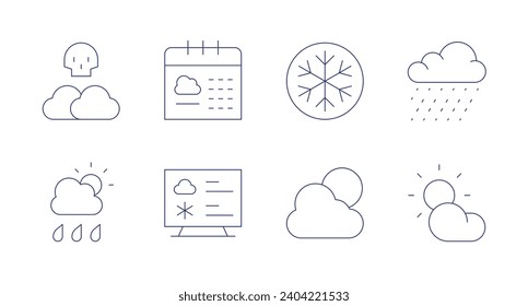 Iconos de previsión meteorológica. Trazo editable. Con niebla asesina, lluvias, calendario, meteorología, nieve, clima, nublado.