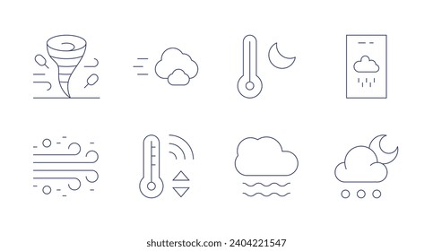 Weather forecast icons. Editable stroke. Containing windstorm, dust laden wind, cloud, temperature control, temperature, fog, weather forecast, hail.