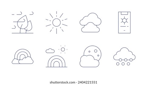 Weather forecast icons. Editable stroke. Containing wind, rainbow, sun, clouds, moon, weather forecast, snow.