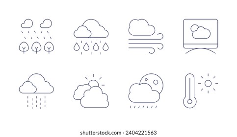 Weather forecast icons. Editable stroke. Containing forest, drizzle, rain, cloudy, wind, rainy night, weather forecast, thermometer.