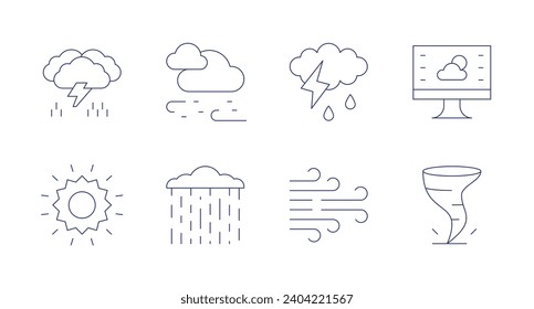 Weather forecast icons. Editable stroke. Containing thunder, sun, snowfall, rainy, storm, wind, weather forecast, tornado.