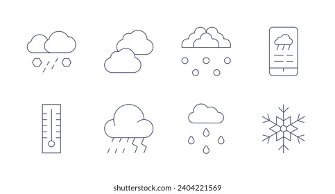Weather forecast icons. Editable stroke. Containing hail, thermometer, clouds, rain, weather forecast, snowflake.
