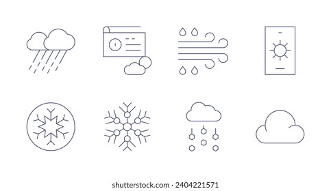 Weather forecast icons. Editable stroke. Containing rain, snowflake, radio, moisture laden wind, hail, weather forecast, cloud.