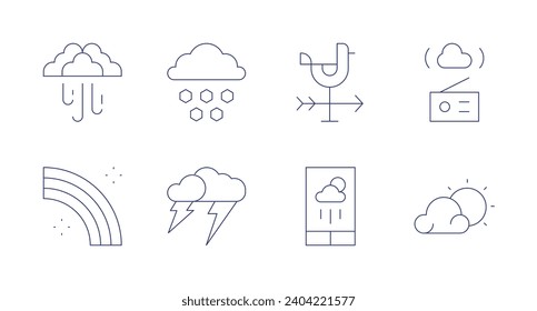 Weather forecast icons. Editable stroke. Containing blizzard, rainbow, hail, cloud, weathercock, forecast, weather forecast, sun.