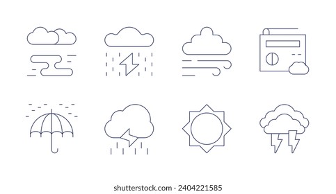 Weather forecast icons. Editable stroke. Containing fog, umbrella, storm, rain, wind, sun, weather forecast, thunder.