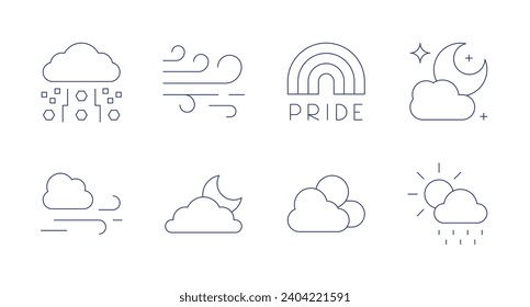 Iconos de previsión meteorológica. Trazo editable. Con tormenta, viento, nube, orgullo, clima, luna, meteorología.