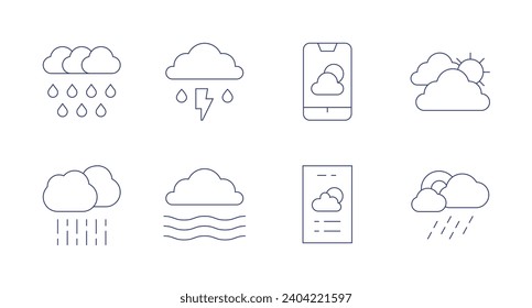 Wettervorhersage-Symbole. Bearbeitbarer Strich. Mit starkem Regen, Regen, Sturm, Nebel, bewölkt, Wetter-App.