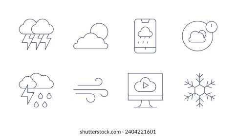 Weather forecast icons. Editable stroke. Containing lightning, thunderstorm, cloudy day, wind, rain, forecast, weather, snowflake.