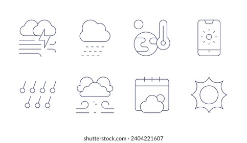 Weather forecast icons. Editable stroke. Containing windstorm, hail, snow, wind, hot, weather, sunny, sun.