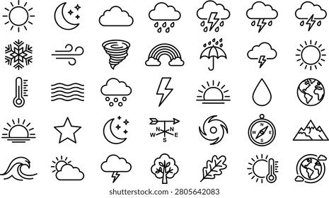 Weather forecast icons featuring sun moon clouds rain lightning snow wind storm rainbow umbrella and thermometer