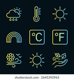 Weather forecast icons glow faintly. Icon symbol illustration