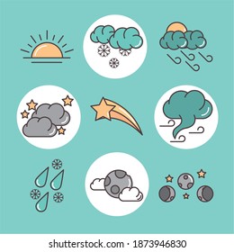 weather forecast icons include sunset rainy night moon and winter vector illustration line and fill style