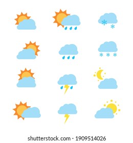 Weather forecast icons include,rainy season,rainstorm, thunder,lightning, winter,snowing, cold weather, summer,rising sun,clear weather,hot weather,spring, night,moon,stars. Vector illustration
