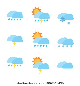 Weather forecast icons include,rainy season,rainstorm, thunder,lightning, winter,snowing, cold weather, summer,rising sun,clear weather,hot weather,spring, night,moon,stars. Vector illustration