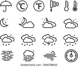 Weather Forecast icons night set line or outline style simple flat symbols isolated on white background.