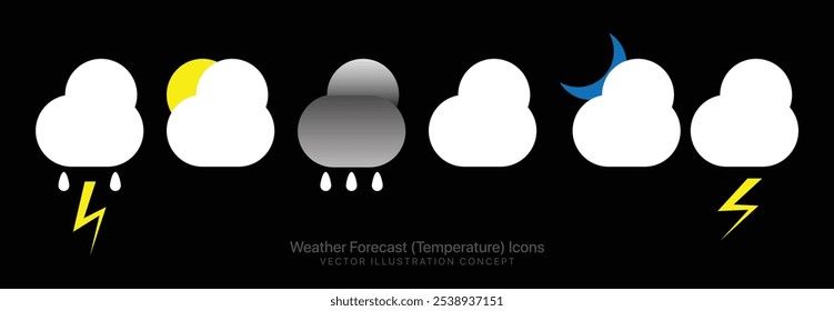 Iconos de pronóstico de Clima! Perfecto para App, Sitios web y pantallas digitales, este conjunto presenta representaciones únicas de truenos, lluvia y cielos nocturnos nublados, todo en un concepto de Ilustración vectorial limpia.