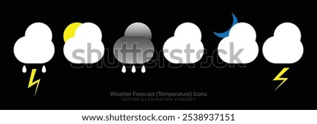 weather forecast icons! Perfect for apps, websites, and digital displays, this set features unique representations of thunder, rain, and cloudy night skies—all in a clean Vector illustration concept.