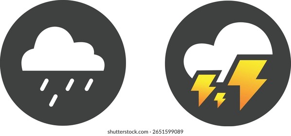 Ícones de Previsão do Tempo para Chuva e Trovoadas, Nuvem com Pingos de Chuva e Símbolo de Raio para Alertas de Tempestade e Condições Climáticas Severas. Ilustração de vetor
