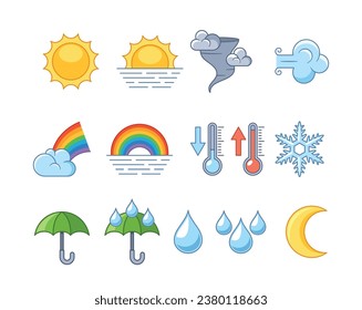 Los Iconos De Pronóstico Del Tiempo Representan Condiciones Atmosféricas. Símbolos Representan Sol, Nubes, Lluvia, Nieve Y Arcoiris, Luna