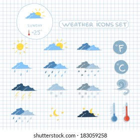 Weather forecast icons set of clear cloudy stormy and snow sky vector illustration