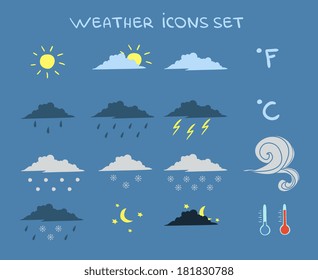 Weather forecast icons set of clouds clear sky and lightning vector illustration