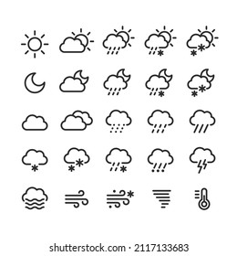 Weather forecast icons set. Clouds, precipitation and weather conditions, day and night. Vector line icon illustration.