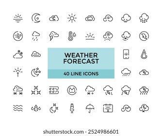 Weather forecast icons set. Clouds, Weather , sunny day, moon, snowflakes, wind abd more, Outline Vector illustration, Pixel perfect.