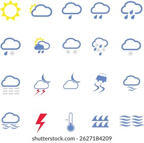 Weather forecast icons set. Weather , clouds, sunny day, moon, snowflakes, wind, sun day. Vector illustration.