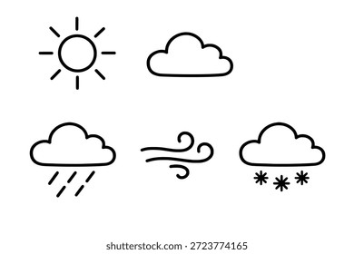 Weather forecast icons set featuring sun cloud rain and snow for meteorological reporting and climate analysis applications.