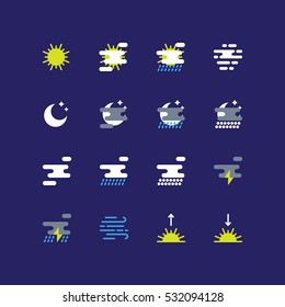 Weather forecast icons set. Flat icons of the sun, clouds, rain, snow, fog, wind, storm, moon, sunrise and sunset. 
